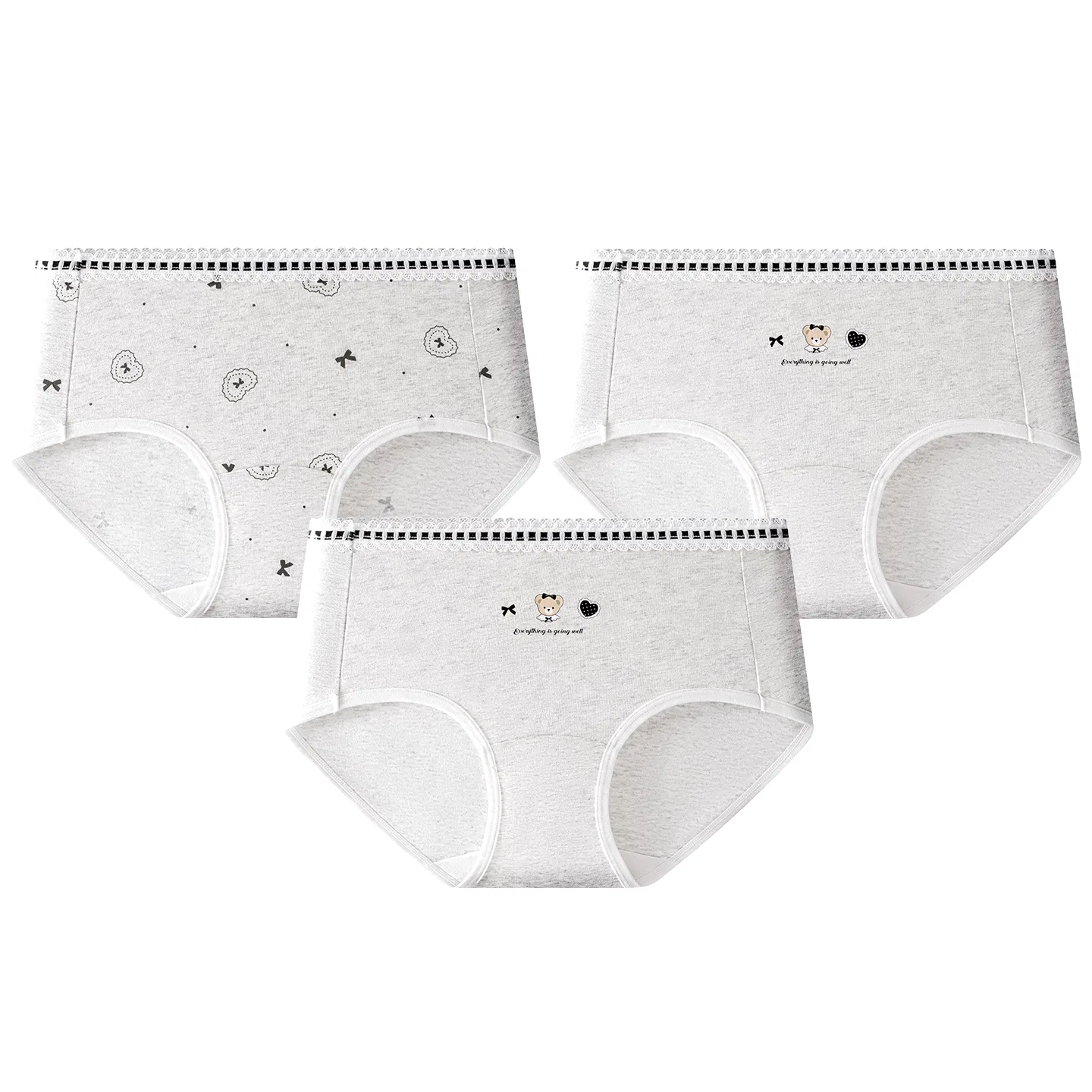 Детское белье для девочек хлопковое 3 предмета Red bean, Light Heather Gray Big Cloth Heart Light Heather Gray Heart Bear Light Heather Gray Heart Bear