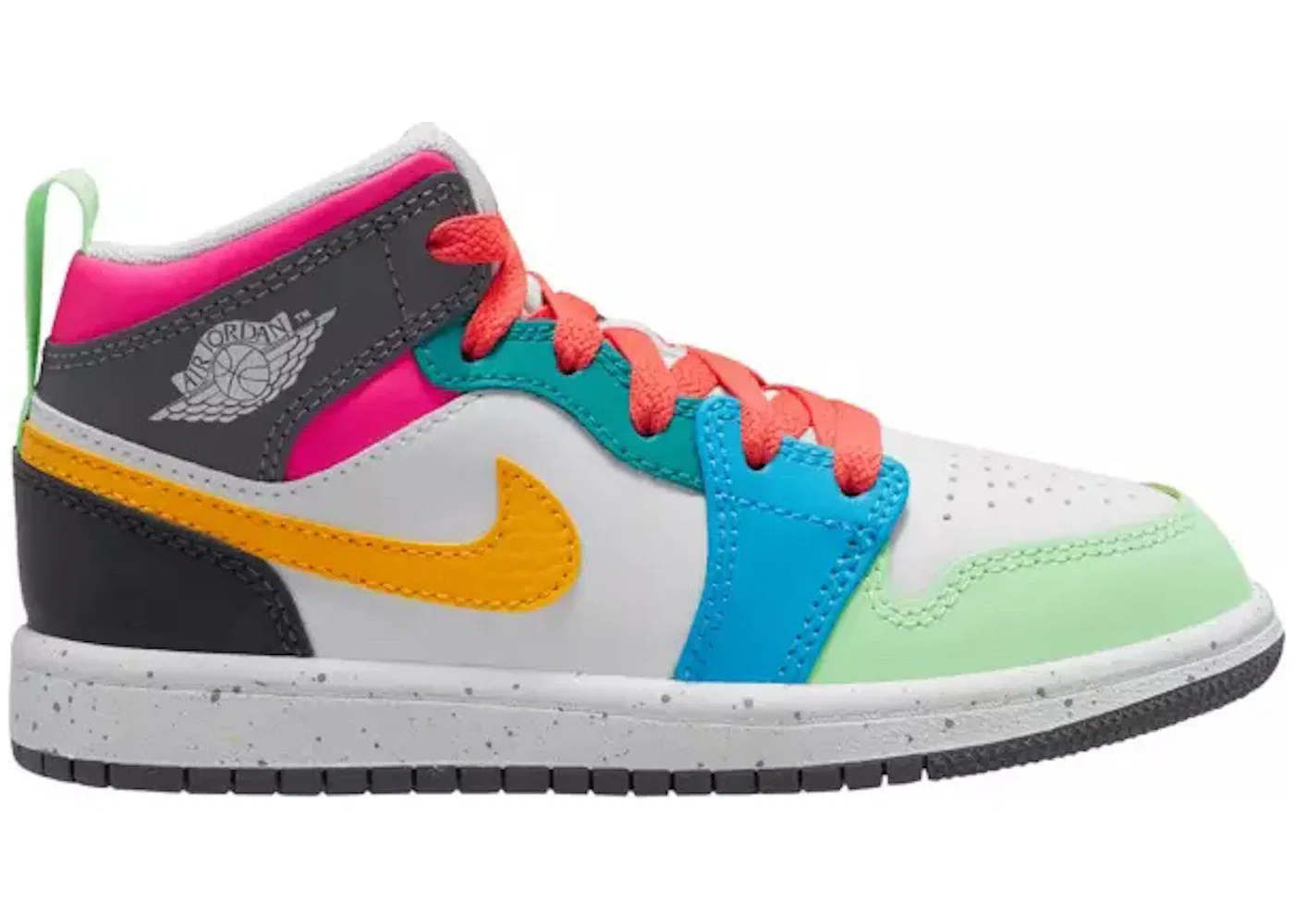 Детские кроссовки Lifestyle с принтом Jordan 1 Mid SE Jordan, White/Taxi/Dark Shadow/Hyper Pink/New Emerald/Vapor Green