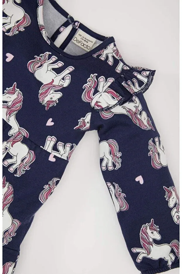 Детское платье-свитшот для девочек с принтом Unicorn Printed Long Sleeve Sweat Dress, Defacto, Navy Blue-Nv241 — фото 2
