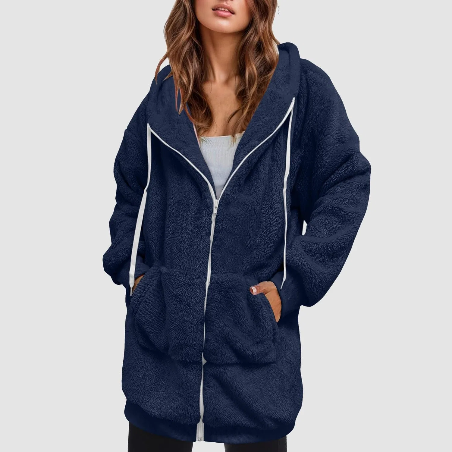 Женская куртка из флиса с капюшоном, длинным рукавом, однотонная, dark blue — фото 2