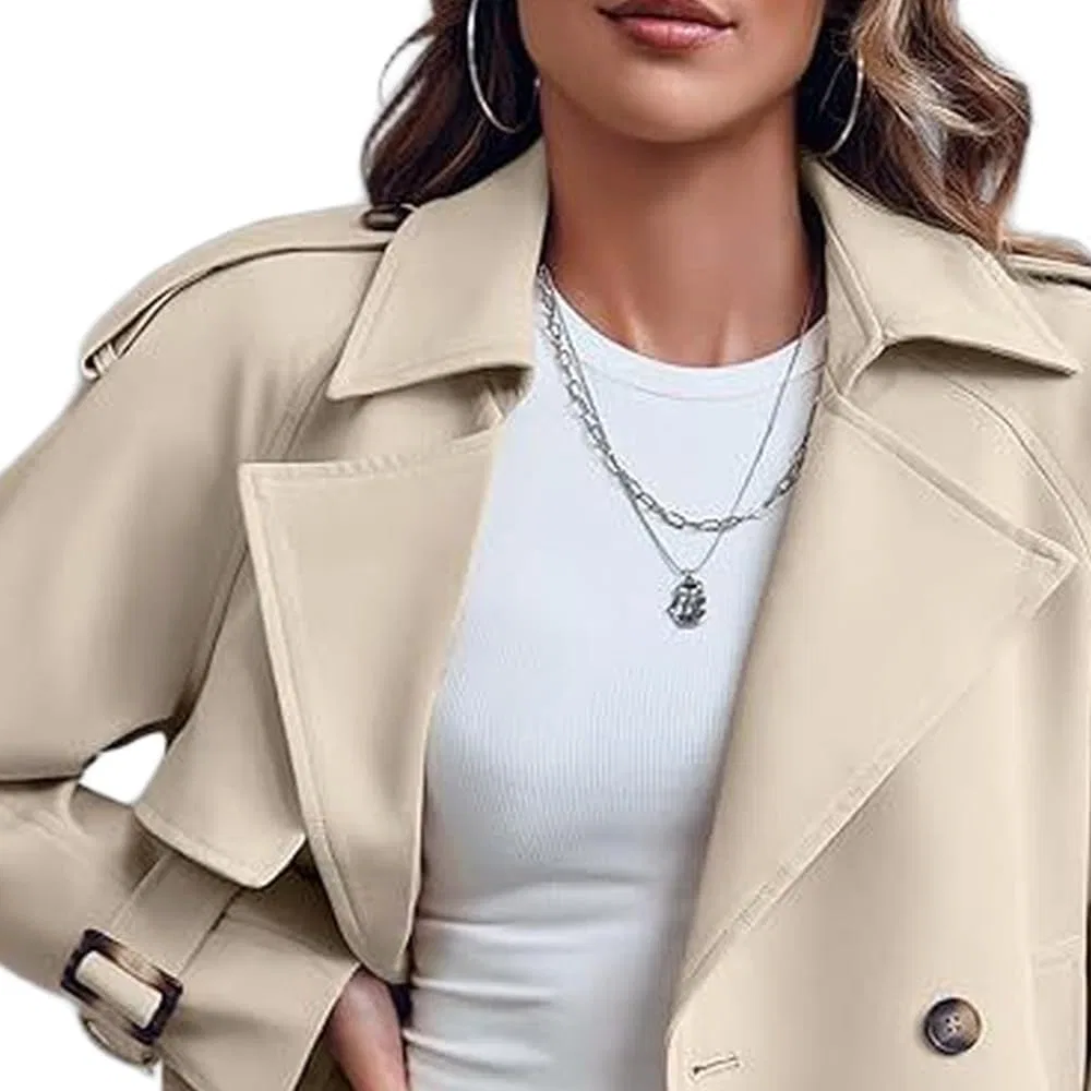 Женское короткое пальто-тренч с двубортной застежкой и длинным рукавом, Beige — фото 4