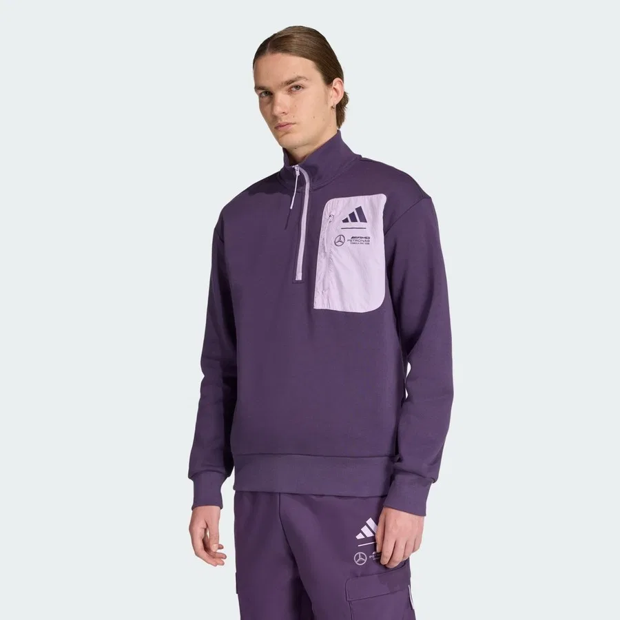 Свитшот из футера с воротником-стойкой и полузамком, модель Premium Woven Fleece Top, adidas, Фиолетовый