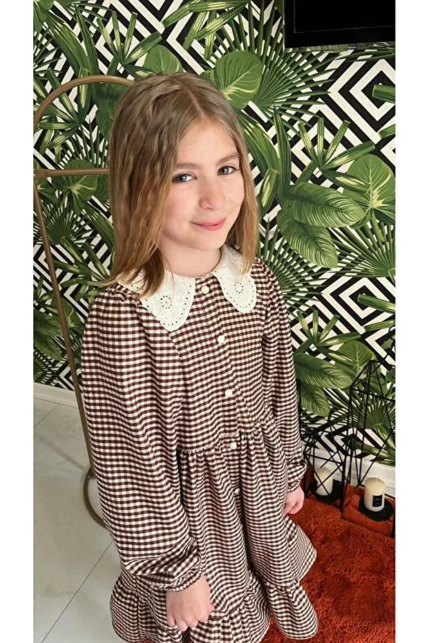 Детское платье для девочек с длинным рукавом Wednesday Ready Collar Vintage Generic Brands, Burgundy-Cream Checked — фото 2