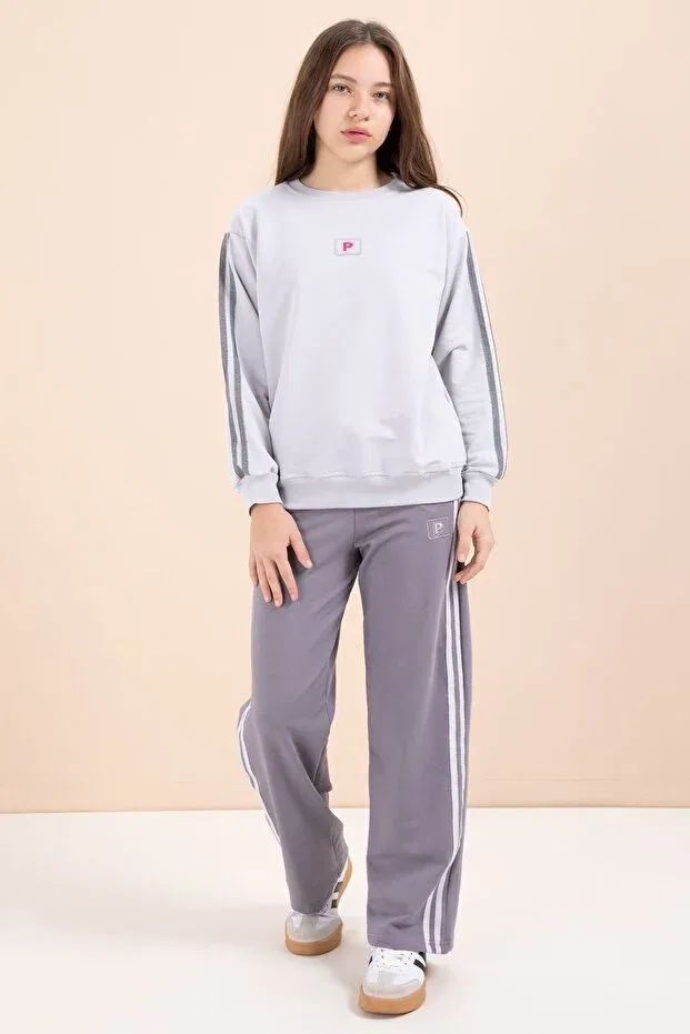 Детский комплект спортивного костюма для девочек с принтом Gray Striped Detail Wide Leg Embroidered Girls Oversized Tracksuit Set Cansın Mini, Gray