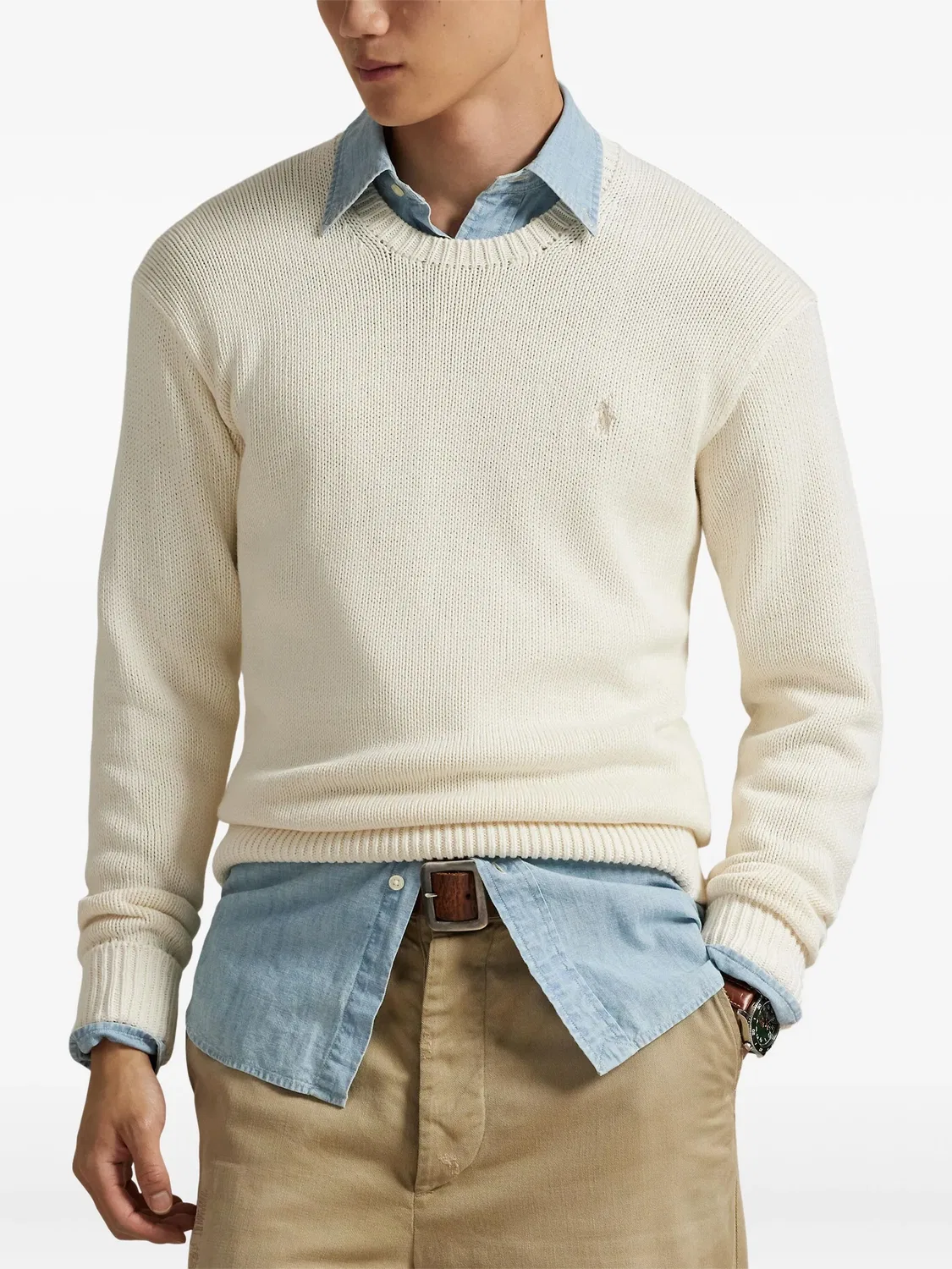 Длинный хлопковый свитер в кремовом цвете Polo Ralph Lauren, кремовый — фото 3