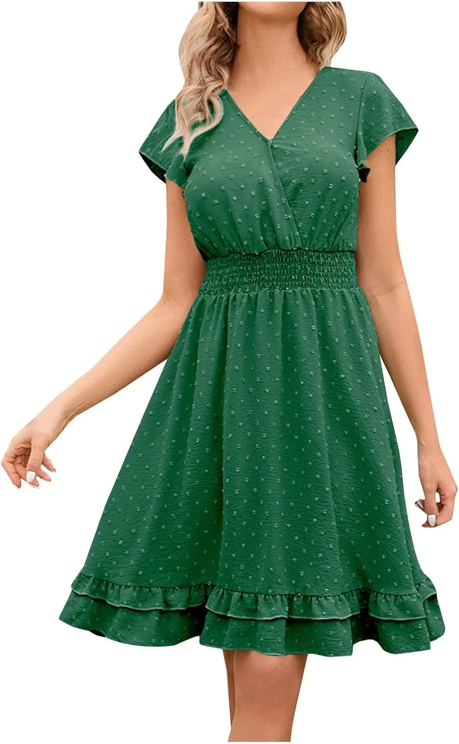 Женское летнее платье с рюшами V-образным вырезом Soft, Green