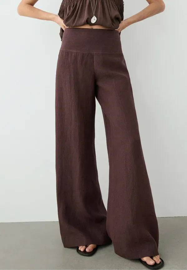 Брюки льняные Flare fit pants with striped details, Massimo Dutti, brown, коричневый