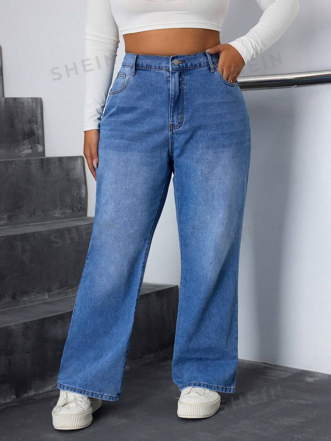 

EZwear Джинсы больших размеров, завышенная талия, Прямые ноги Shein, синий