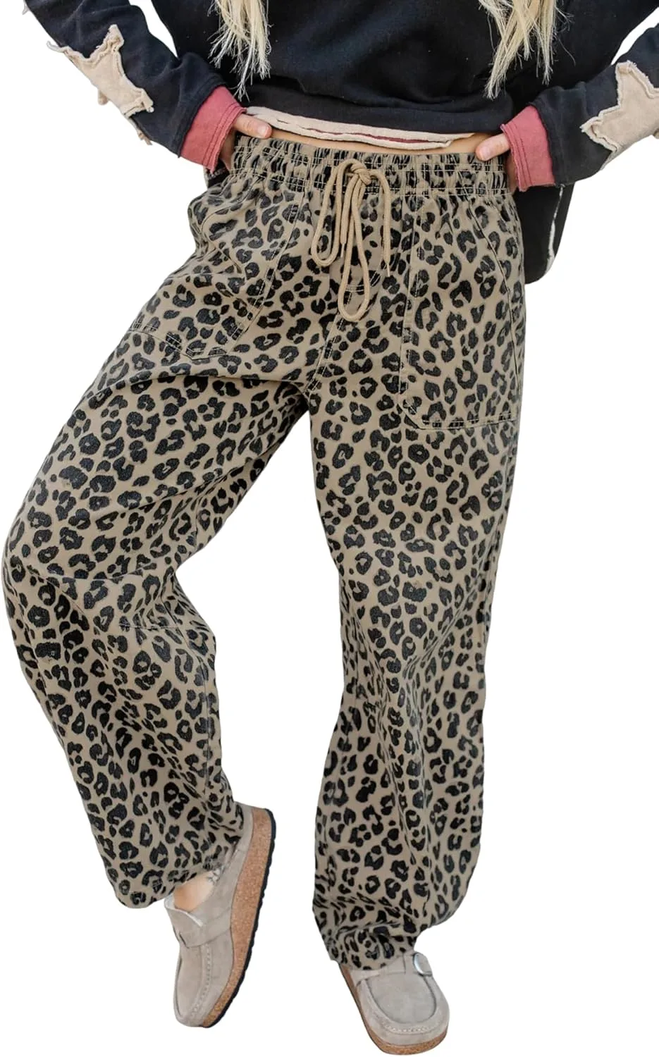 

Женские джинсы Cheetah Print с эластичным поясом на шнурке Apvirdy
