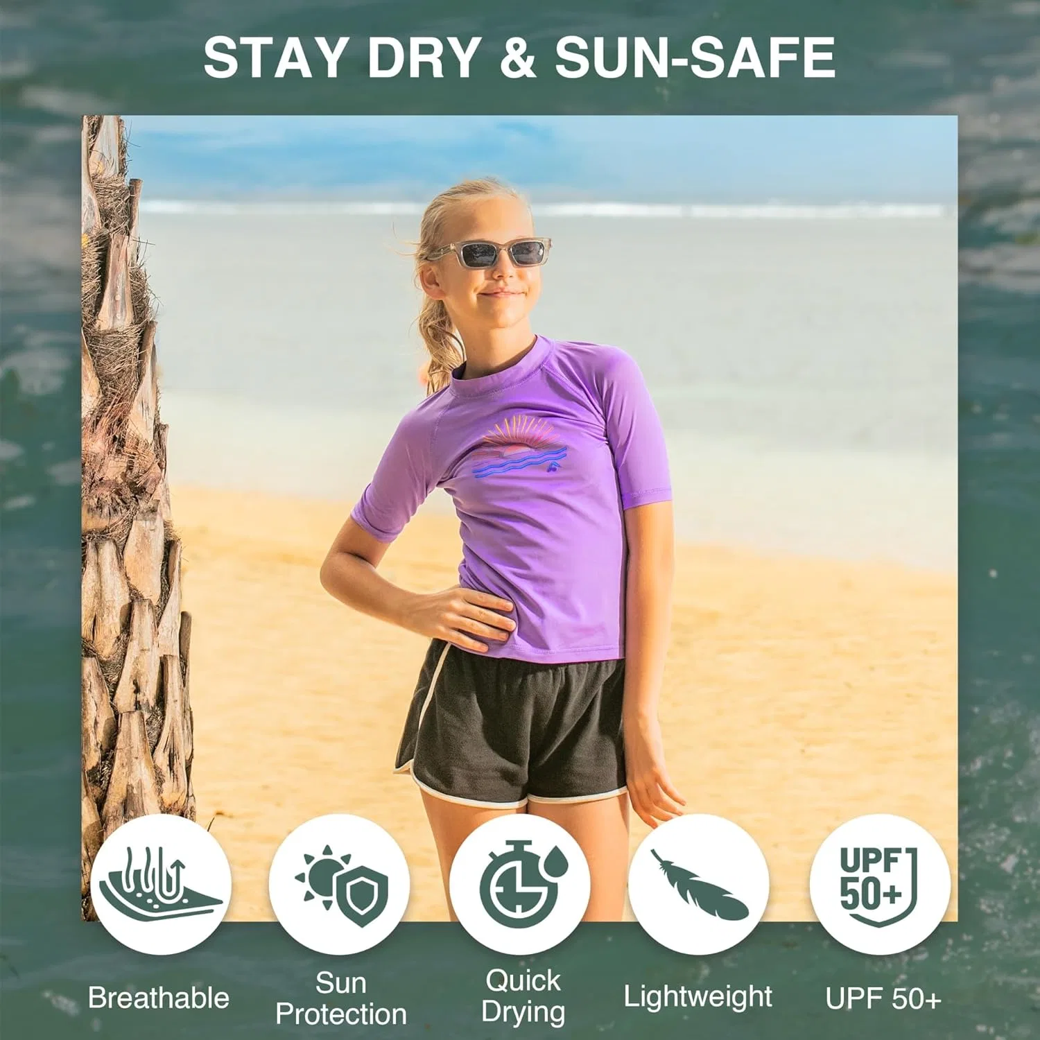 Футболка для плавания с коротким рукавом Kanu Surf Girls' Karlie Rash Guard UPF 50+ с защитой от солнца, Cori Neon Purple — фото 2