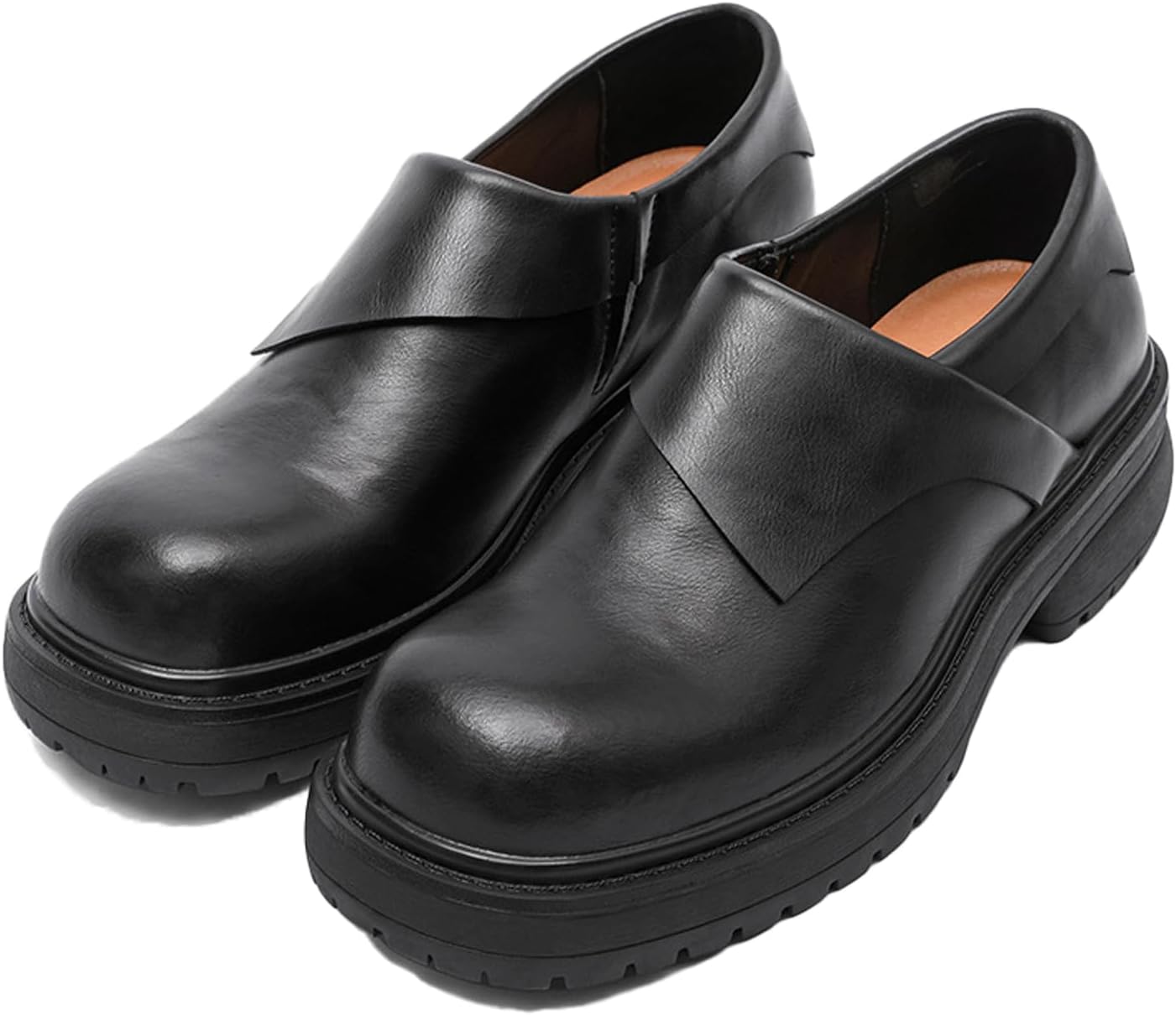 

Мужские кожаные лоферы с большой круглой ноской на платформе, утолщенный каблук-блок, ребристая подошва, нескользящие, без шнурков, для деловых поездок и повседневной носки Uzujbaa, черный