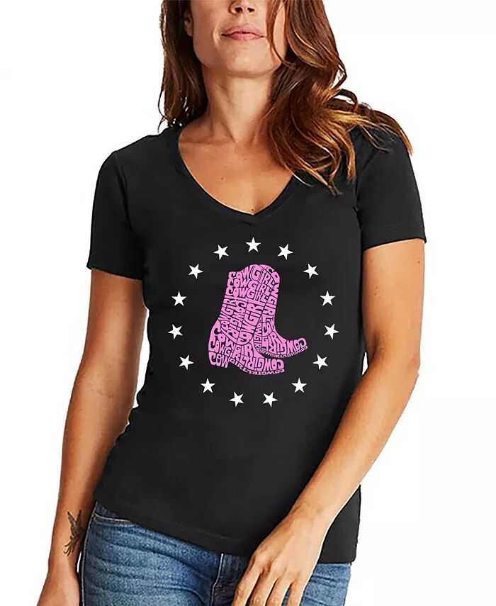

Женская футболка Cowgirl Boots Word Art с V-образным вырезом LA Pop Art, черный