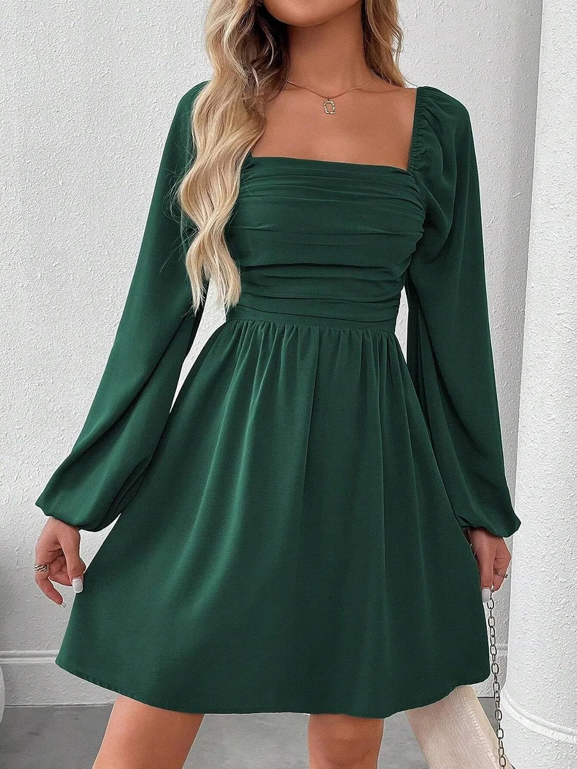Женское платье А-силуэта с квадратным вырезом Yuchenda, Dark Green — фото 4