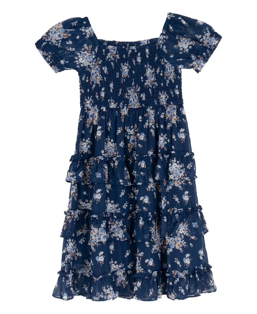Платье миди с принтом, с пышными рукавами, модель Printed Lurex Chiffon Puff Sleeve Tiered Midi Rare Editions, Navy — фото 4