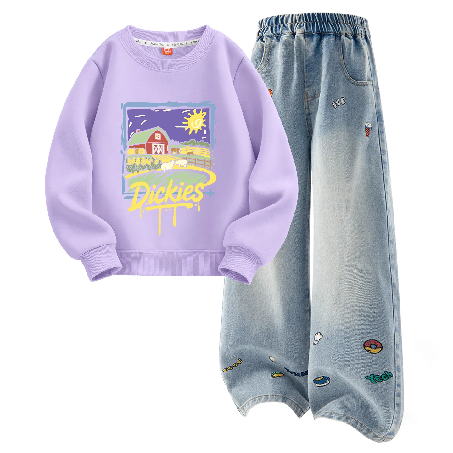 Детский комплект из футера с принтом Suno Paint Taro Purple+Solid Color Denim Blue Dickies, Taro Purple/Denim Blue
