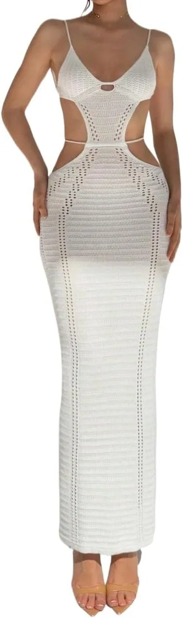 Женское сексуальное длинное платье без рукавов с открытой спиной Knitted, White