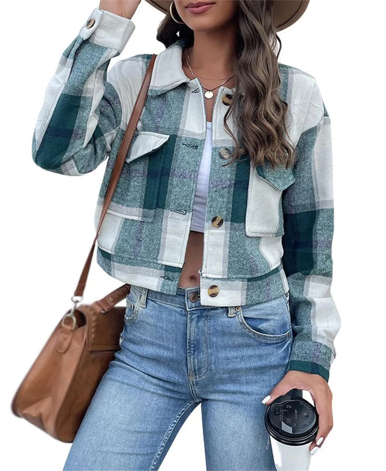 Женская куртка из фланели с длинным рукавом Plaid Flannel Jacket, Green