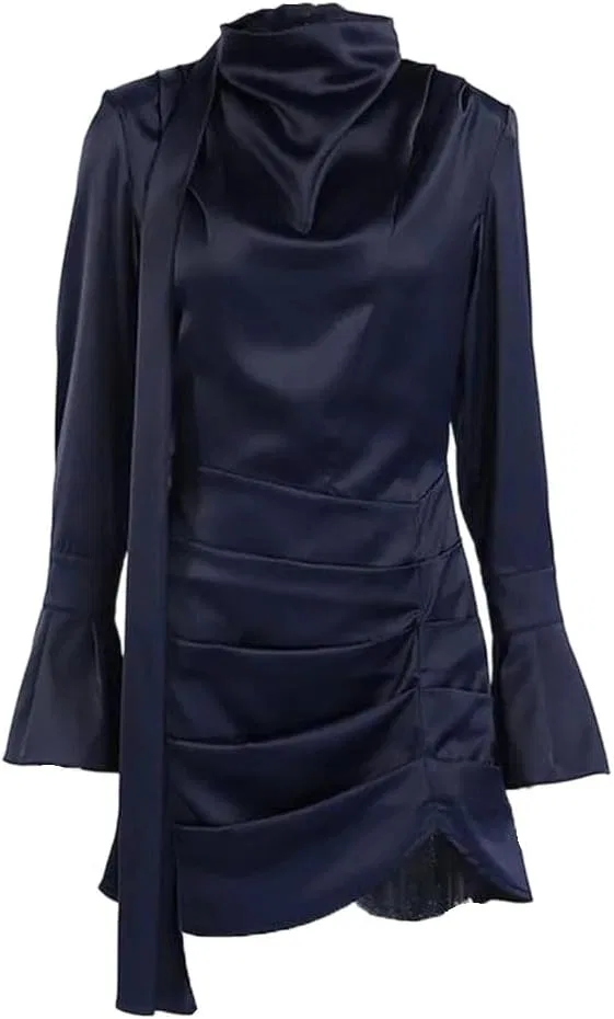 Женское атласное мини-платье с плиссе Scarf Collar, Navy
