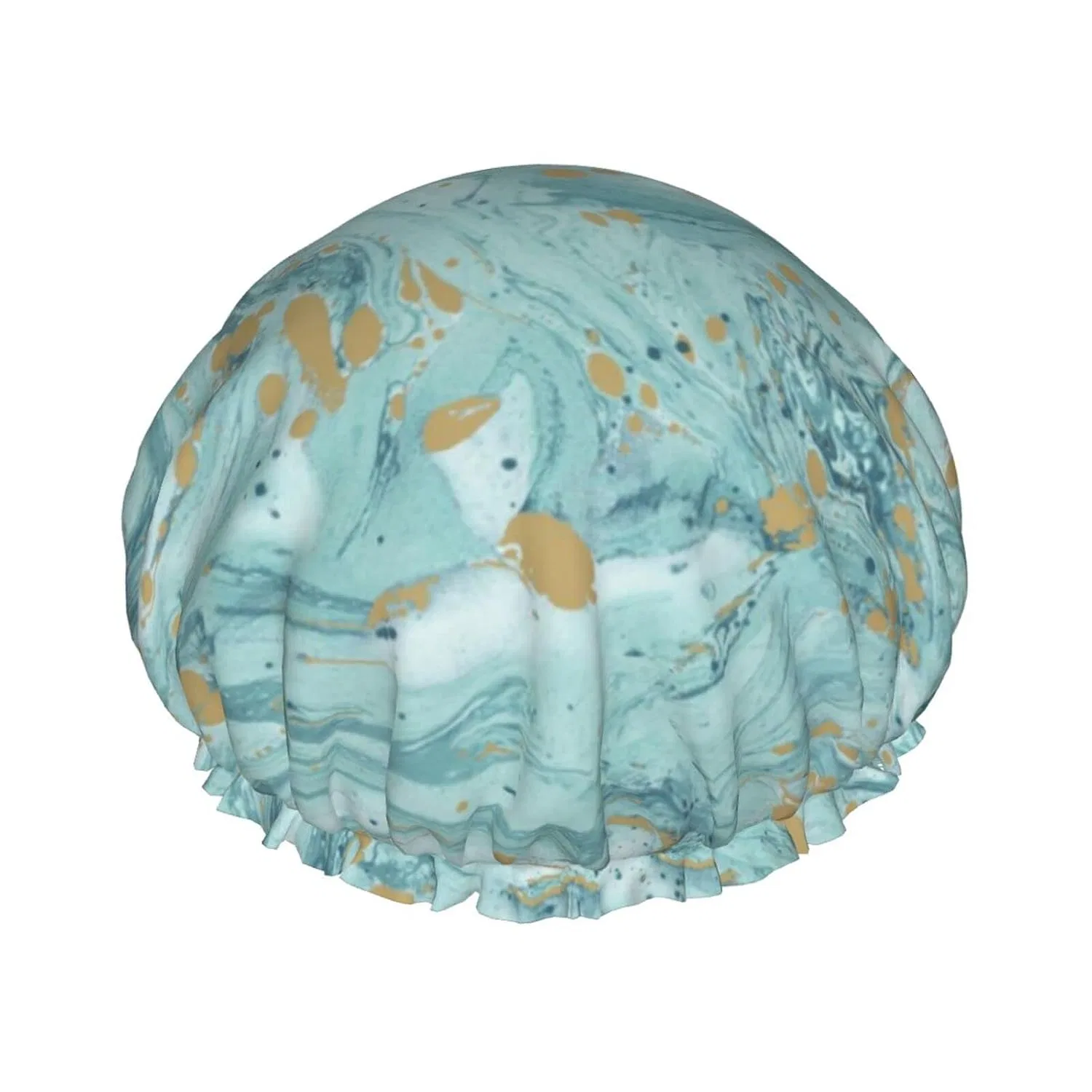 Шапочка для душа, Azurite Teal and Foil Gold Oil Marble Pattern, MORYEN, Двойной слой, Водонепроницаемая