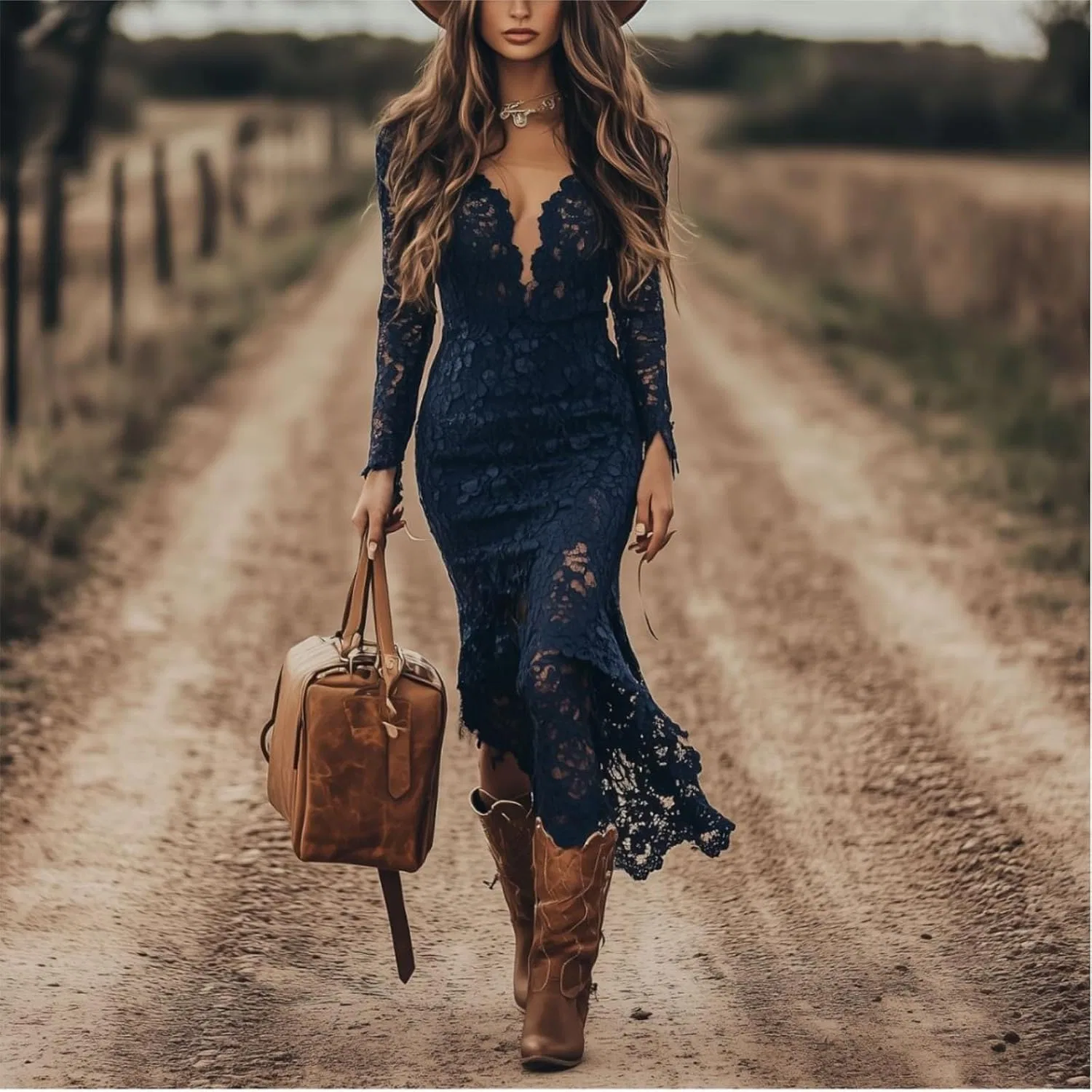 Женское платье миди с кружевными рукавами Vintage Bohemian, Dark Blue — фото 2