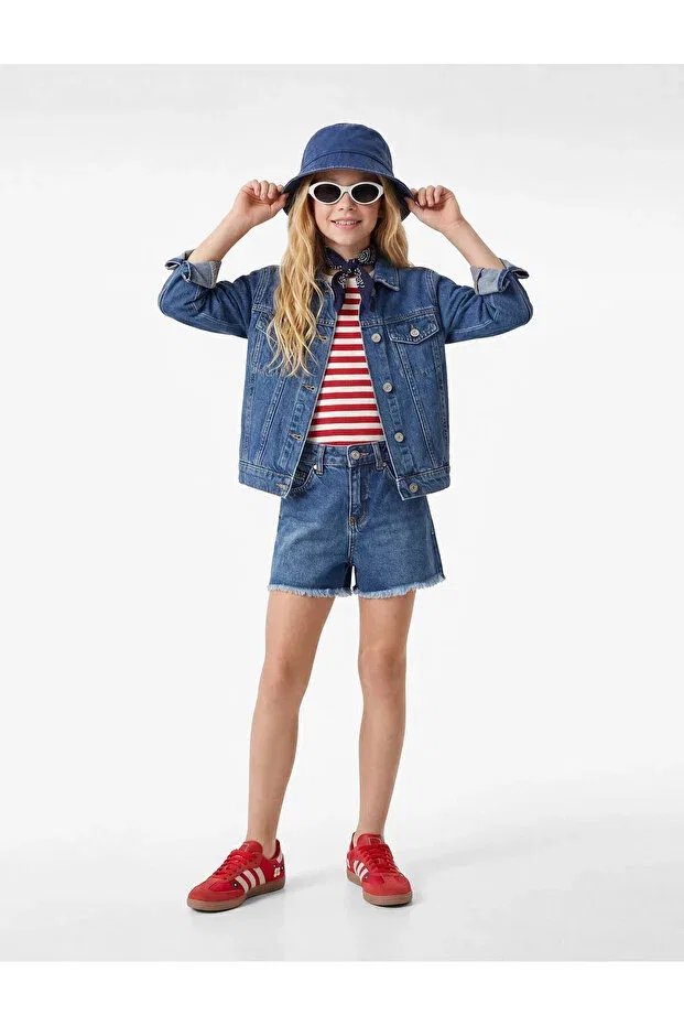 Детские шорты для девочек хлопковые Tasseled cuffed cotton jean indigo girls' shorts 6skg40043ad Koton, Middle Indigo
