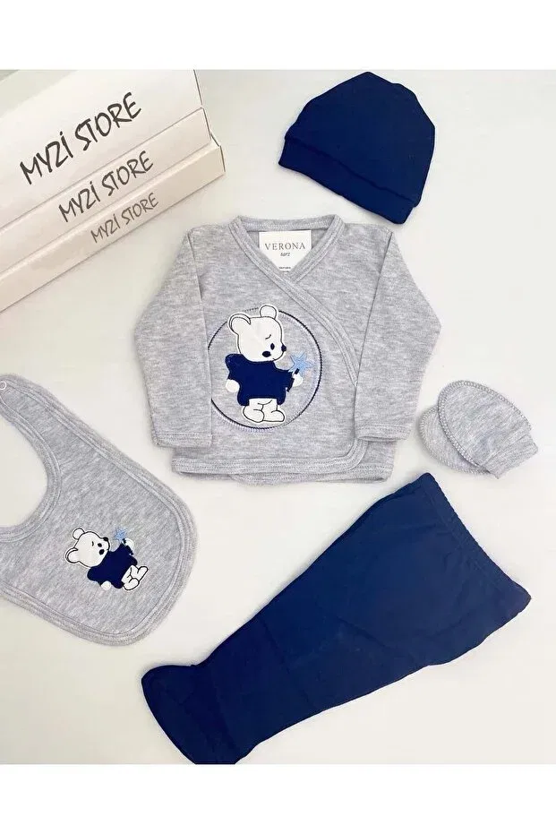 Детский комплект из 3 предметов с принтом Newborn hospital release set of 3 cotton 100% cotton baby clothes yellow bear Myzi Store, Navy Blue — фото 2