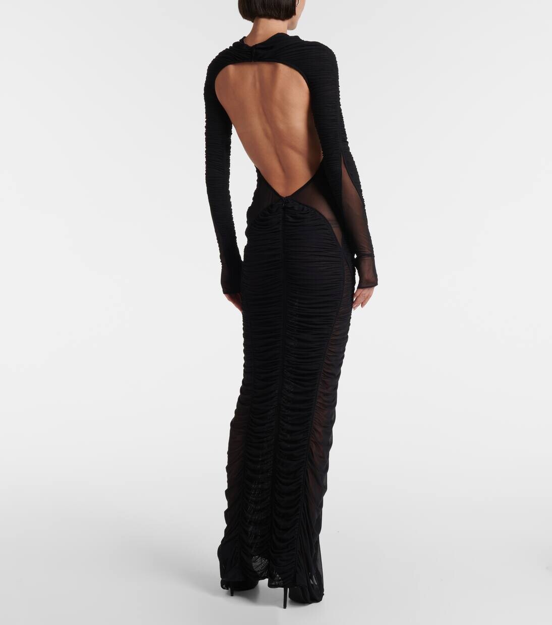 Платье из сетки с открытой спиной и сборками Mugler, черный — фото 3
