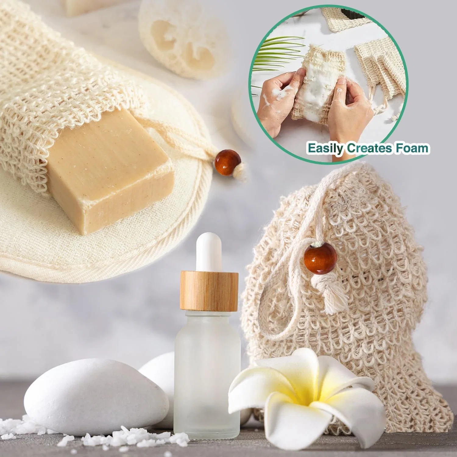 Мочалка для мыла из сизаля, ANMOYIXIA, 2 шт, 13x9.5 см, Natural Beige — фото 4