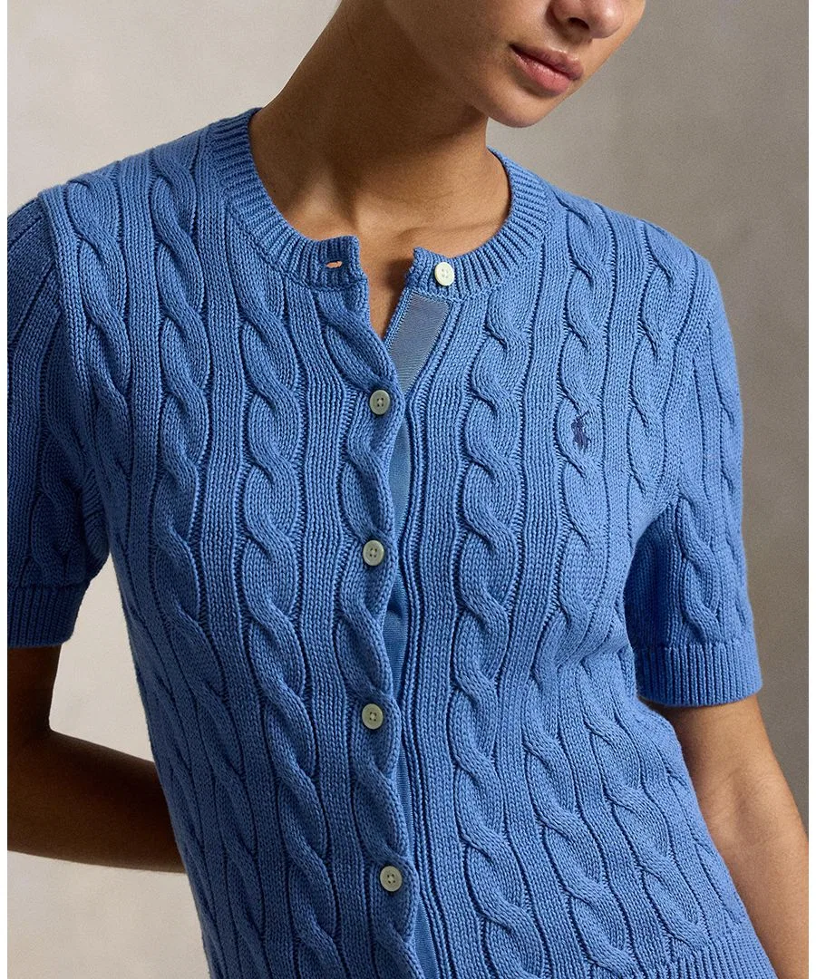 Женский кардиган с коротким рукавом Cable-Knit Cotton Short-Sleeve Cardigan Polo Ralph Lauren, Nimes Blue — фото 4