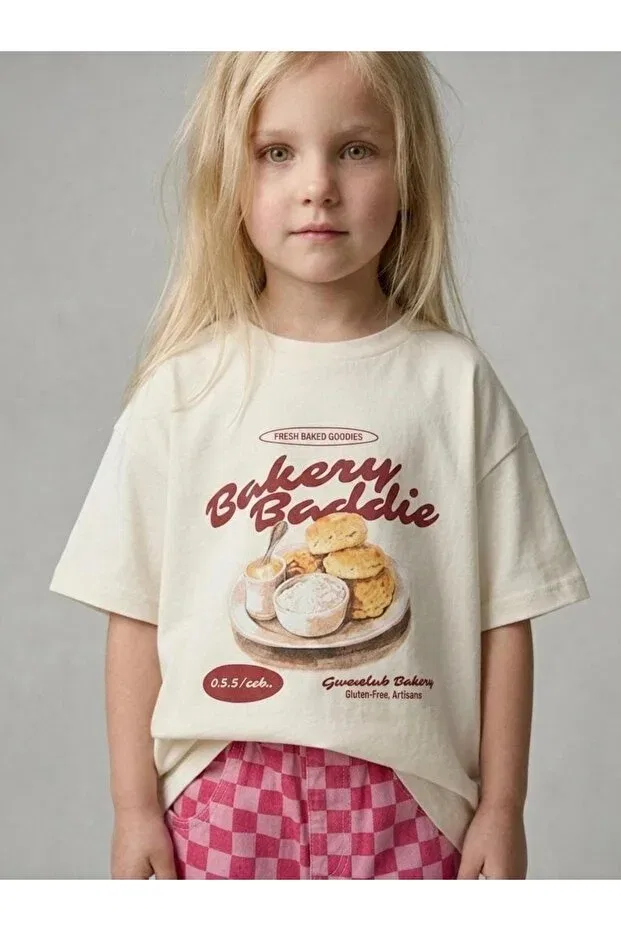 Детская футболка для девочек оверсайз Girl'S bakery printed oversize white t-shirt Nuem, Nude Color