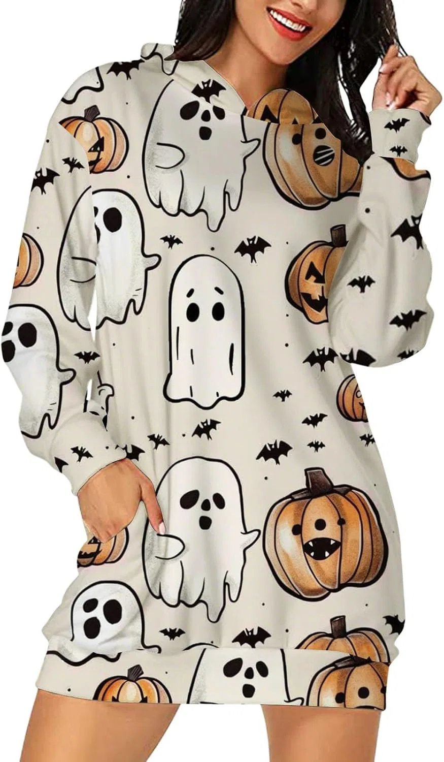 Женское худи-платье с принтом Halloween Ghost, чёрный — фото 4