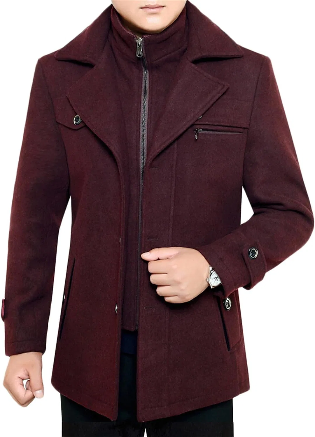 Мужское пальто с длинным рукавом, хлопковое, Single Breasted Pea Overcoat, винный — фото 2