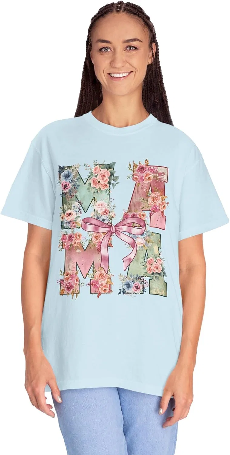 Женская футболка с цветочным принтом и надписью MAMA Comfort Colors 1717, Chambray — фото 2