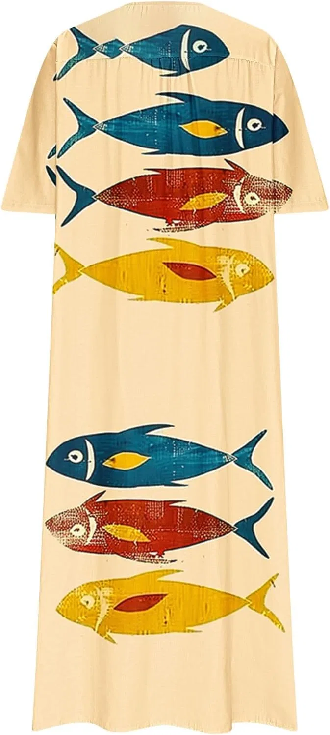 Пляжное макси-платье свободного кроя с принтом Fish, Multicolor — фото 4