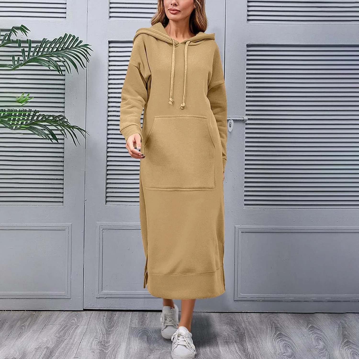 Женское платье-макси с капюшоном на молнии, Khaki — фото 3