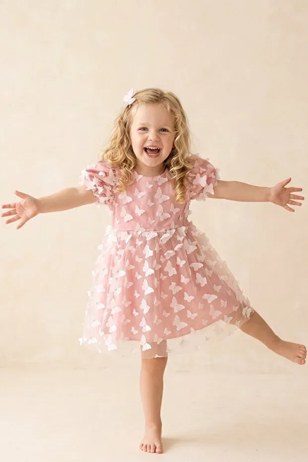 Детское платье для девочек с принтом 3D Butterfly Tulle Princess Dress Alyra, Powder — фото 2