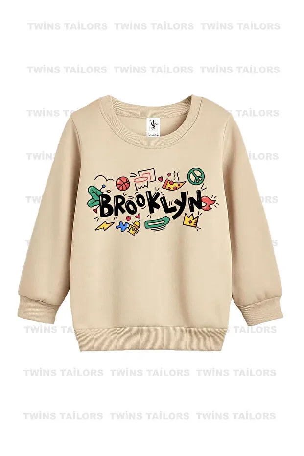 Детские свитшот для девочек с принтом Skate Boarding and Mixed Printed Twins Tailors, Beige — фото 4