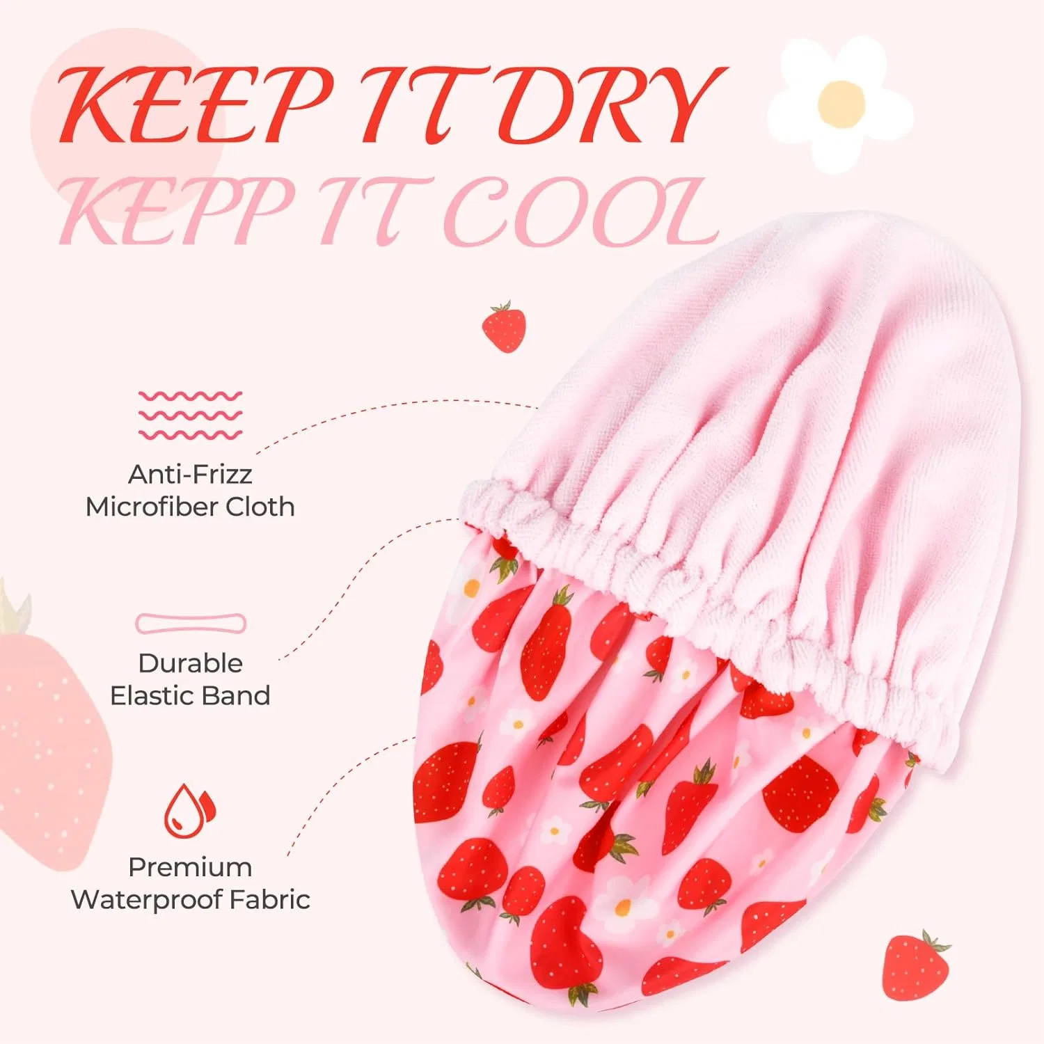 Шапочка для душа Terry Cloth Lined Large Reusable Waterproof, Aileam, Cotton, Pink Strawberry Flowers — фото 2