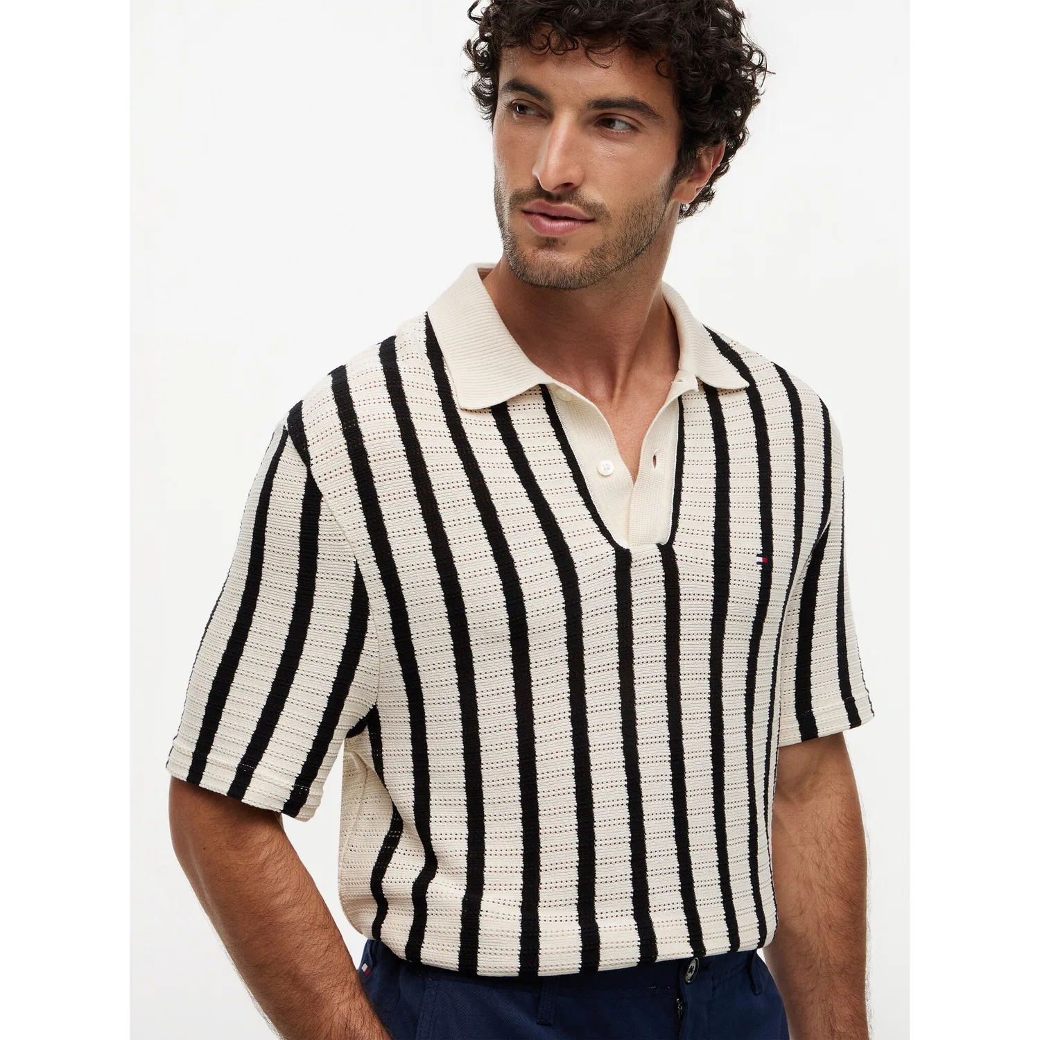 Мужское поло из лохматого трикотажа свободного кроя Tommy Hilfiger, Muslin/Black — фото 2