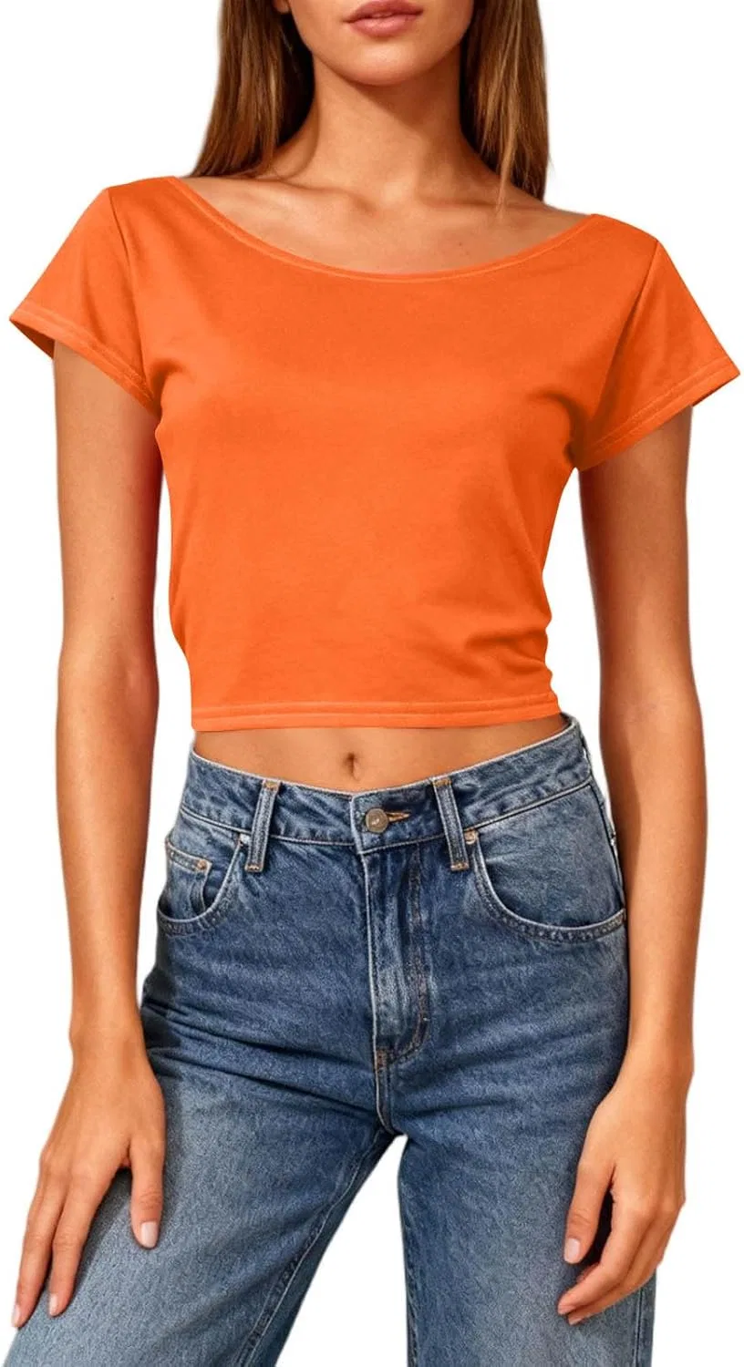 Женская свободная футболка с открытой спиной Boat Neck Short Sleeve, Orange — фото 4
