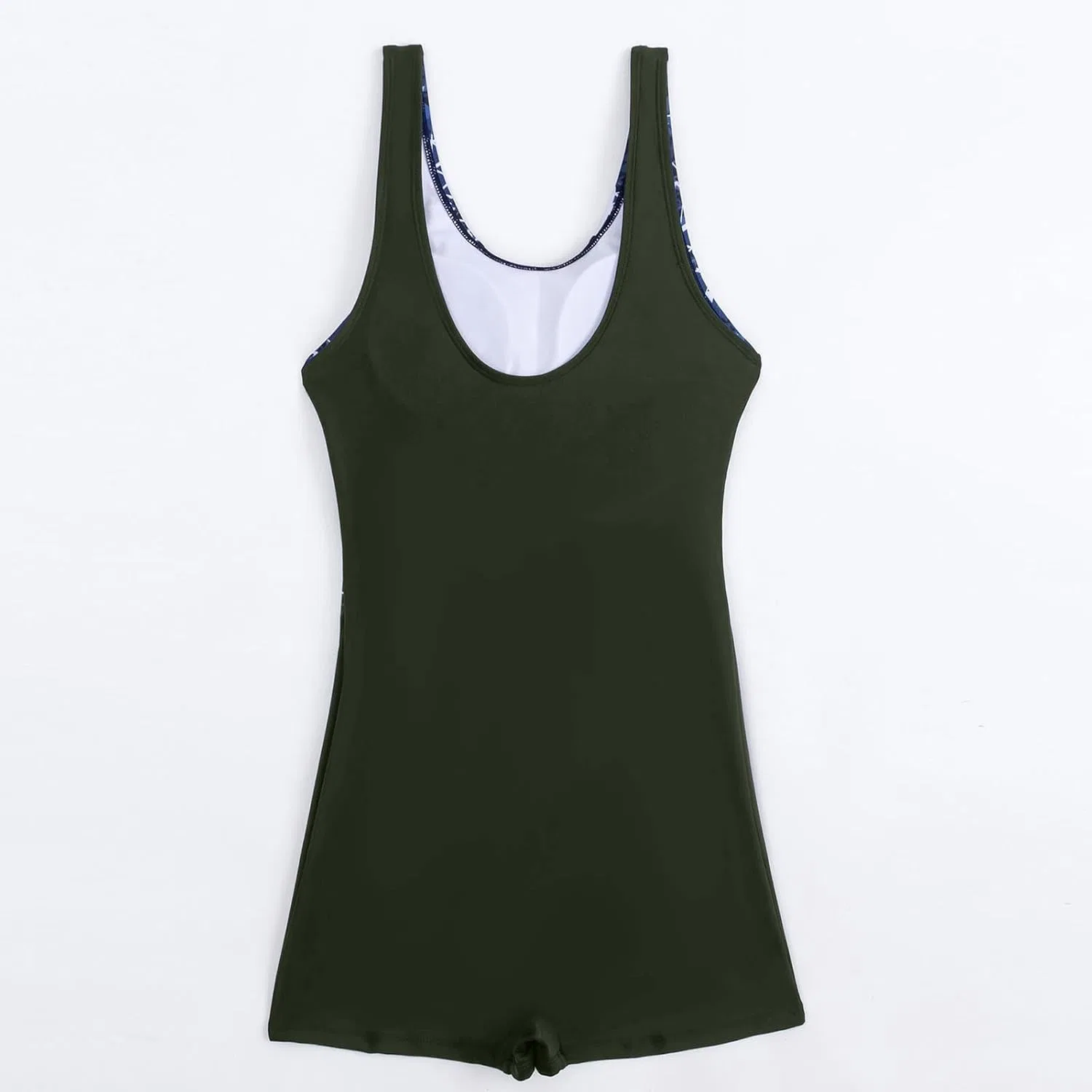 Женский слитный купальник с короткими шортами Crew Neck Sleeveless Boxer Shorts Jumpsuit, Army Green — фото 4