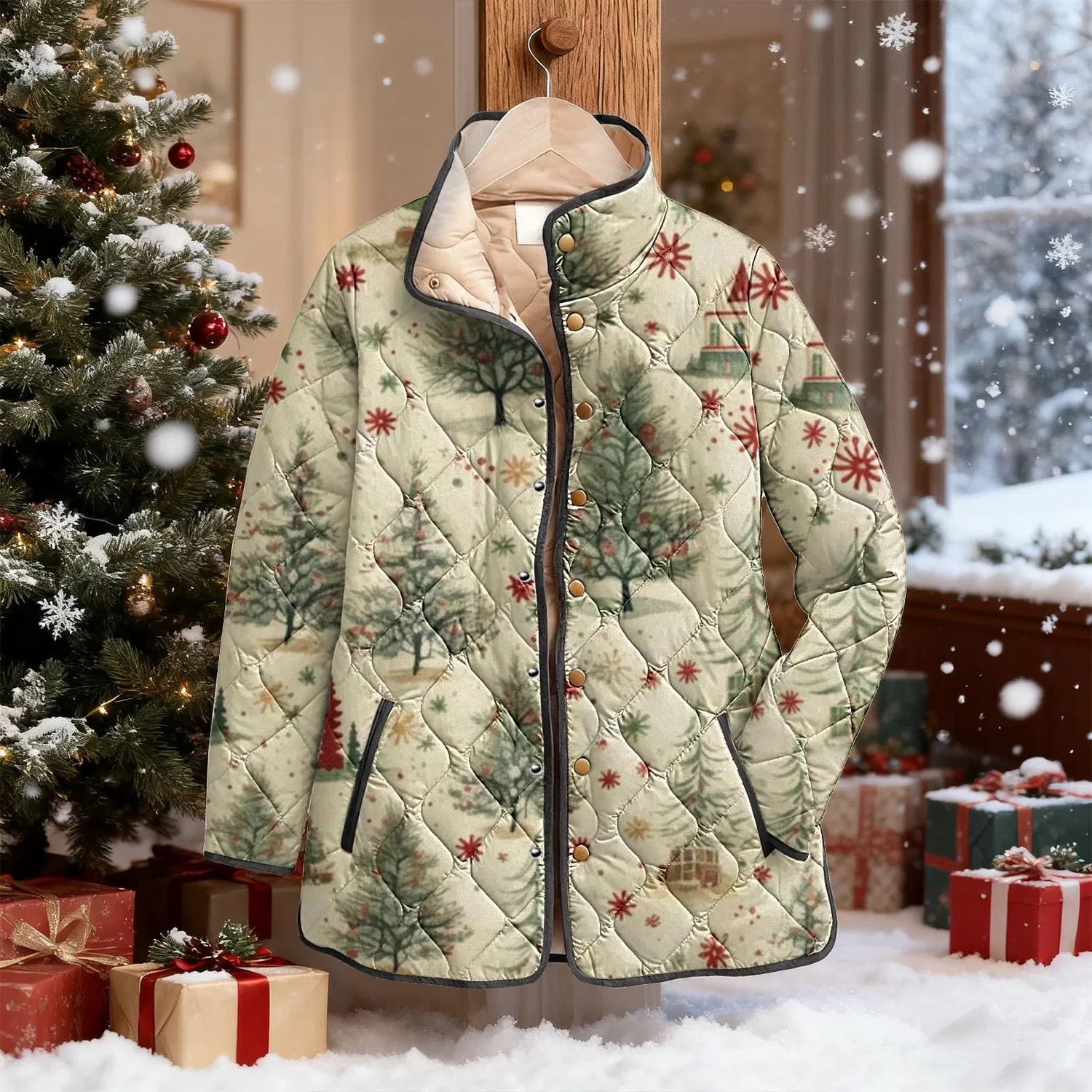 Женская куртка с принтом Christmas Print, 1-Yellow — фото 3