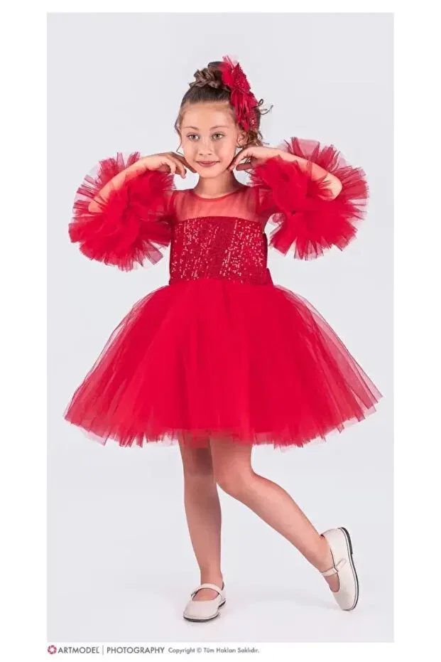 Детское платье для девочек с цветочным принтом Pompom Party Outfit Diamondstar, Red — фото 2