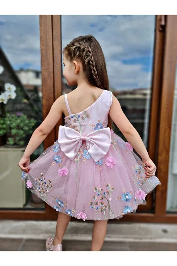 Детское платье для девочек с принтом One-Shoulder Floral Evening Dress Sare Çocuk Giyim, Pink — фото 3