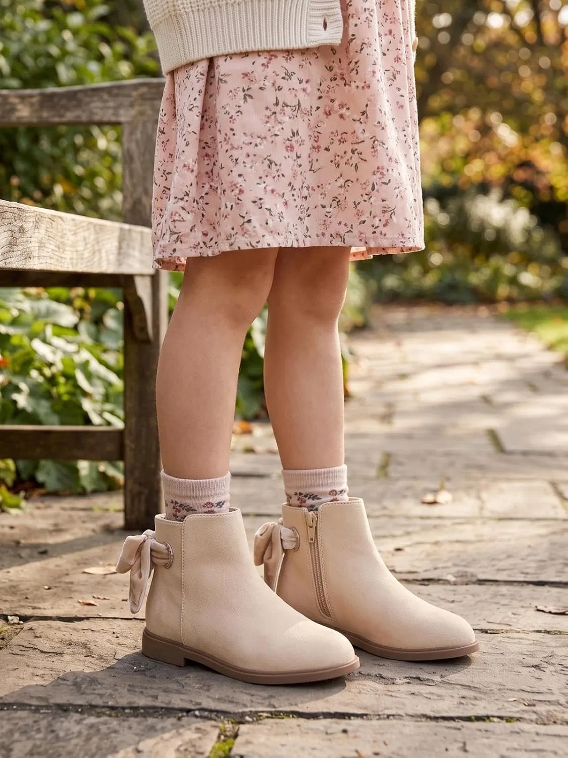 Детские ботинки для девочек с бантом Coutgo, Nude Suede — фото 2
