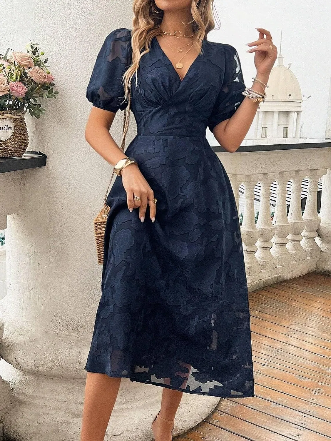 Женское повседневное миди-платье V-образным вырезом, Navy Blue — фото 4