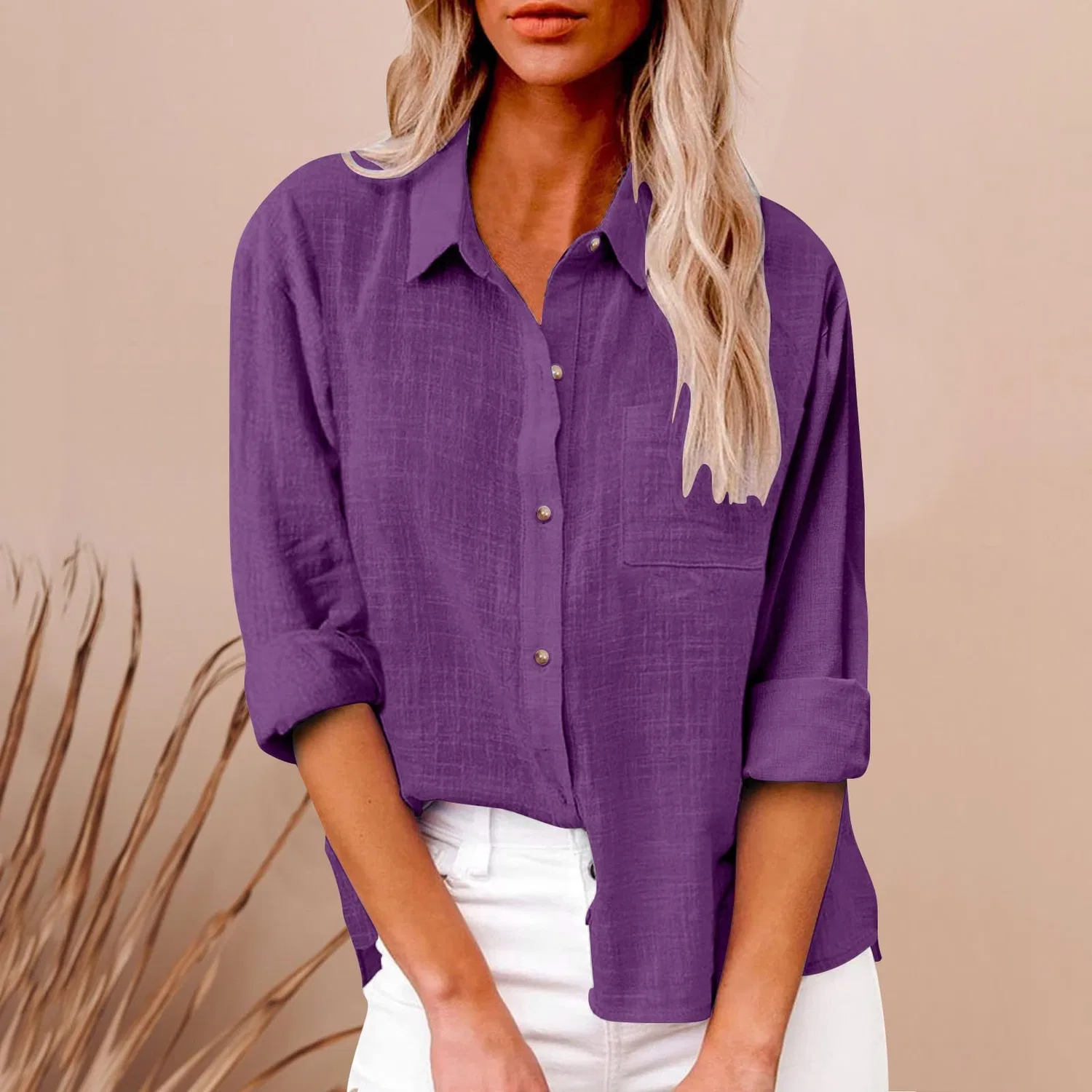Женская блузка с длинным рукавом из хлопка и льна с карманами, Lilac — фото 3