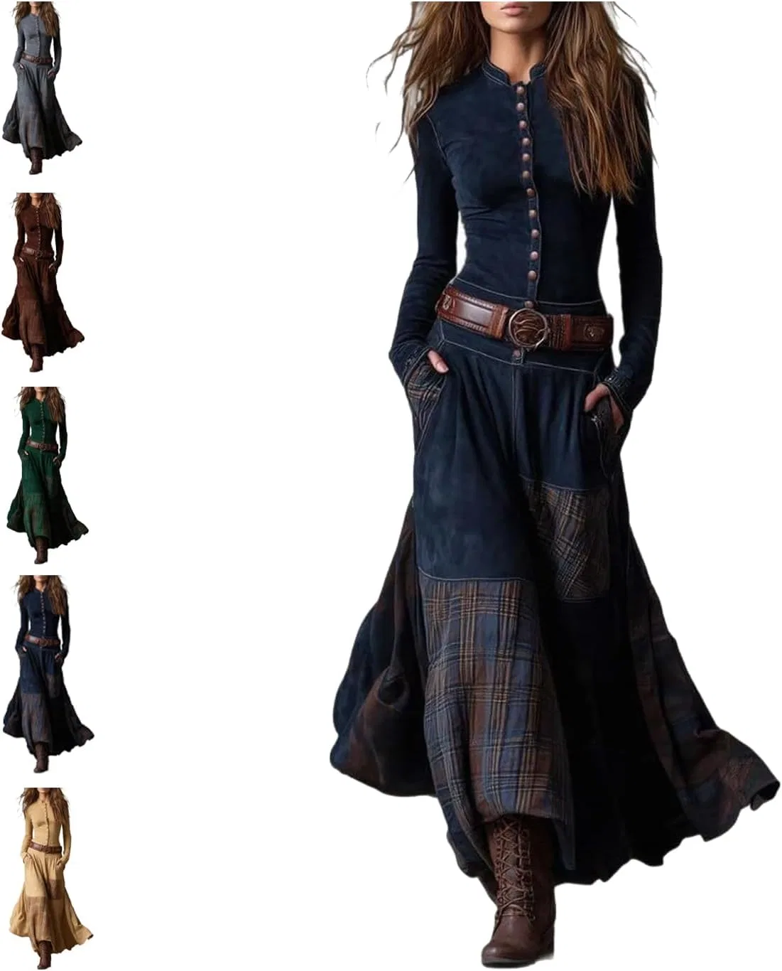 Женское макси-платье с воротником-стойкой Patchwork, Royal Blue