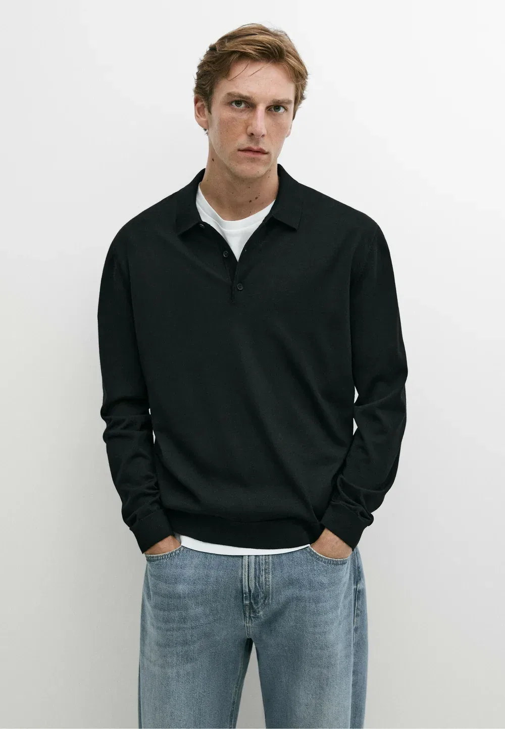Вязаный поло-свитер из 100% мериносовой шерсти - рубашка поло Massimo Dutti, Black