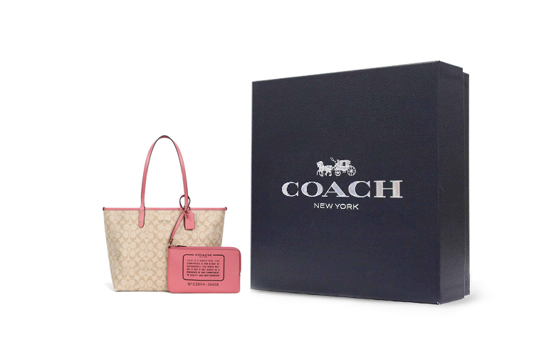 

COACH Сумка-шоппер из холста с кожаными вставками комбинированная женская большая через плечо бежевая и розовая